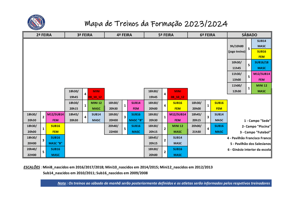 Training schedule