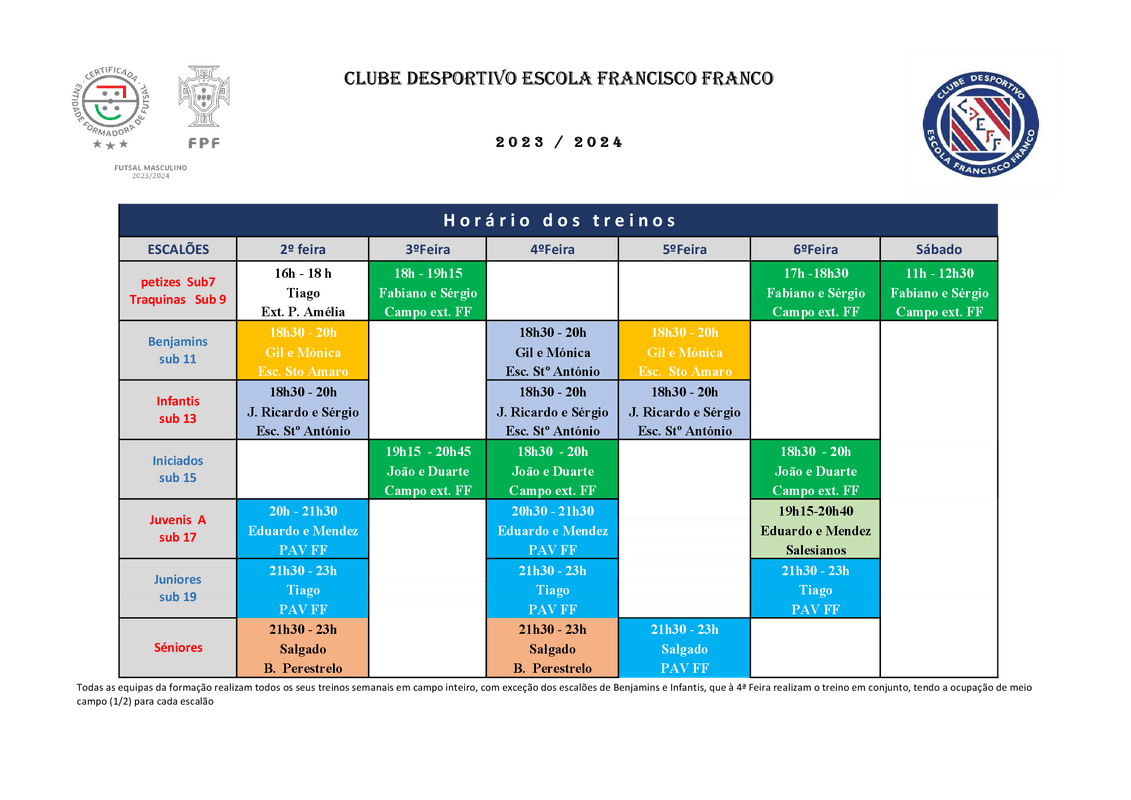 Training schedule